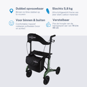 Homecare lichtgewicht Rollator van 5,8 kg – Carbon rollator tot 150 kg draaggewicht – Dubbel opvouwbaar en inclusief reistas - Groen