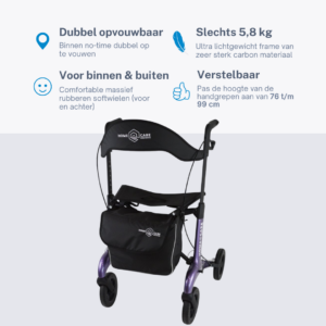 Homecare lichtgewicht Rollator van 5,8 kg – Carbon rollator tot 150 kg draaggewicht – Dubbel opvouwbaar en inclusief reistas - Paars
