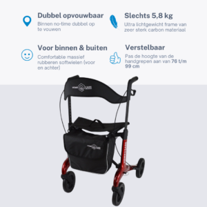 Homecare lichtgewicht Rollator van 5,8 kg – Carbon rollator tot 150 kg draaggewicht – Dubbel opvouwbaar en inclusief reistas - Rood