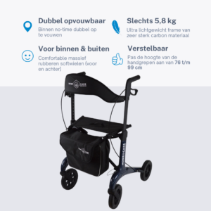 Homecare lichtgewicht Rollator van 5,8 kg – Carbon rollator tot 150 kg draaggewicht – Dubbel opvouwbaar en inclusief reistas - Blauw