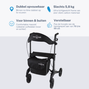 Homecare lichtgewicht Rollator van 5,8 kg – Carbon rollator tot 150 kg draaggewicht – Dubbel opvouwbaar en inclusief reistas - Zwart